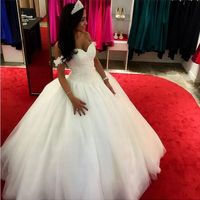 Wholesale 2018 Princess Lace Ball Gown Wedding Dresses Tulle Off The Shoulder Pearls Long Bridal Gowns Plus Size Custom Made China EN12276