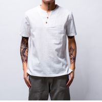 Wholesale Men s Dress Shirts Summer Cotton Men Short Sleeve V Neck Design Pure Color Chinese Classic Blouse Thin Casual T shirt M XL Size
