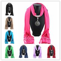 Wholesale Bohemian Tassel Scarf Alloy Round Flower Pendant Jewelry Scarves For Women Ladies Polyester Necklace Scarf Gift