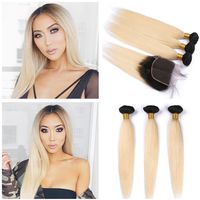 Wholesale Silky Straight Black and Blonde Ombre x4 Lace Front Closure with Bundles B Dark Root Ombre Malaysian Virgin Human Hair Weaves
