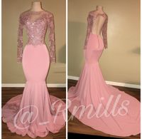 Wholesale Pink Beaded Lace Mermaid Silhouette Prom Dresses Crew Neck Backless Long Sleeves Custom Made Evening Gowns BA7912