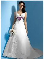 Wholesale Best Selling White and Purple Satin A Line Wedding Dresses New Sash Empire V Neck Appliques Bow Colorful Bridal Gowns Sweep Train Lace