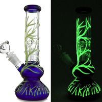 Wholesale Glow In The Dark Glass Bong Ice Catcher Glass Water Pipes With Straight Perc Glitter Stripes Covered Glass Dab Rigs GID01