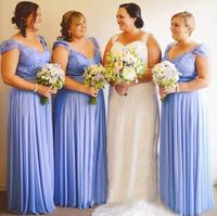 Wholesale 2018 Lilac Lace And Chiffon Plus Size Bridesmaids Dresses Long Elegant Scoop Capped Sleeve Pleats Floor Length Maid Of Honor Gown EN12254
