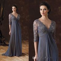 Wholesale elegant Lace Half Sleeves Empire Waist Mother of the Bride Dresses Sexy V Neck Ruched Chiffon Long Wedding Guest Dress