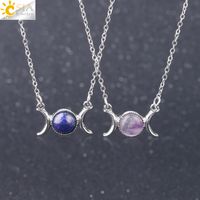 Wholesale CSJA Women Wicca Triple Moon Goddess Gems Stone Pendant Necklace Girl Healing Crystal Natural Gemstone Clavicle Necklaces F707 A