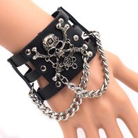 Wholesale Punk Men Women Wide Genuine Leather Belt Bracelet Fashion Rock Rose Skull Cuff Wristband Black Bangle Bracelet