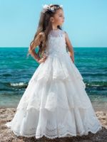 Wholesale Angel Princess White Flower Girl Dresses With Champagne Lace Applique Arabic Girl Pageant Gowns Children Formal Party Dresses Cheap