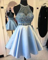Wholesale Blue Satin Sheer Neck Short Homecoming Dresses Beads Crystals Formal Party Gowns Open Back th Grade Girl s Cocktail Dress Little Prom Gowns