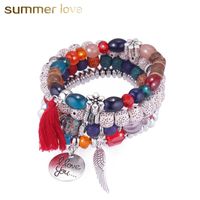 Wholesale New Boho Angel Wings Feather Multilayer Delicate Beads Bracelet for Women Elastic Love You Charm Pendant Bracelet Fashion Jewelry Gift