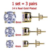 Wholesale 3 Pairs Set mm K Gold Plated CZ Square Iced Out Stud Earrings With Safety Screw Back For men and Women