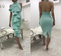Wholesale Mint Green Short Sheath Sexy Cocktail Dresses High Jewel Neck Knee Length Tea Length Cascading Ruffles Backless Party Dresses Prom Gowns