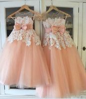 Wholesale 2019 Peach Pink Lace Tulle Flower Girls Dresses Sheer Neck Sleeveless Bow Floor Length Princess Little Kids Wedding Birthday Party Dresses