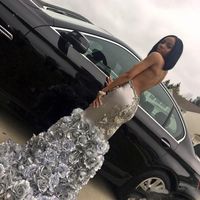 Wholesale 2018 Sexy Silver Evening Dresses With Lace Applique Sleeveless Mermaid Prom Dresses With Rose Flowers Custom Made Formal Party Gowns