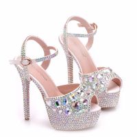 Wholesale New summer white buckle peep toe shoes for women super high heels fashion stiletto heel wedding shoes Platform AB Crystal Bridal sandals