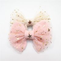 Wholesale 10pcs Fairy Girl Hair Bow Clip Gold Copper Star Pendant Light Pink Glitter Star Tulle Bow Knot Barrette Sweet Hairpin