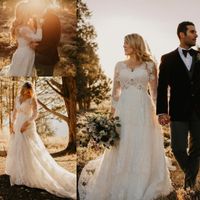 Wholesale Lace Country Wedding Dresses with Beaded Crystal Belt Vintage V neck Long Sleeve Sweep Train Plus Size Boho Bridal Gown