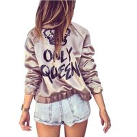 Wholesale Autumn Women Basic Coats Satin Silk Champagne Gold Bomber Jacket Back ONLY QUEEN Crown Letter Print Outerwear Coats