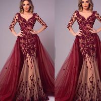 Wholesale Wine Red Prom Dresses V Neck Lace Appliques Hand Made Flowers with Detachable Train Long Sleeve Tulle Dark Red Evening Dresses Gowns