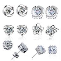 Wholesale Classic style selection Luxury Cubic Zircon Crystal Stud Earrings S925 Platinum Plated Flower love heart Round Square Stud Earrings