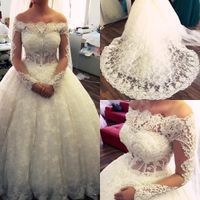 Wholesale Gorgeous Vintage Lace Beads Ball Gowns Wedding Dresses Off the Shoulder Sheer Long Sleeve Arabic Dubai Bridal Gowns BA8872