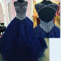 Wholesale Dark Navy Blue Quinceanera Dress Backless Crystals Beaded Sequins Ball Gown Shiny Fashion Girls Debutante Dress Custom Made