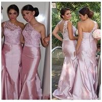 Wholesale 2019 One Shoulder Lace Appliques Slim Mermaid Bridesmaid Dresses Long Custom Made Formal Evening Prom Gowns Maid of Honor Vestidos