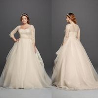 Wholesale Classic Oleg Cassini Light Champagne Lace Plus Size Wedding Dresses Scoop Neck Long Sleeves Covered Buttons Princess Garden Bridal Gowns