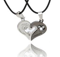 Wholesale Best selling crystal diamond couple heart shaped pendant men and women love heart printed necklace stainless steel jewelry set