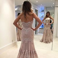 Wholesale Chic Floor Length Zipper Back Sweetheart Strapless Chiffon Sleeveless Lace Appliqued Mermaid Trumpet Evening Dress Beaded Prom Gown