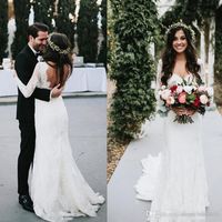 Wholesale Sexy Backless Bohemian Mermaid Wedding Dresses Sheer Long Sleeves Sweep Train Fall Winter Lace Boho Bridal Gowns For Garden Outdoor