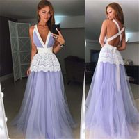 Wholesale Lavender Evening Dress With White Lace Applique Plunging Sleeveless Red Carpet Sleeve Back Criss Cross Floor Length Custom Made Party Gowns