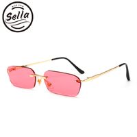 Wholesale Sella Trending Women Men Small Narrow Tint Lens Sunglasses Fashion Rimless Rectangle Pink Blue Yellow Lens Square Eyewear Shade