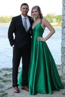 Wholesale Colorful Simple New Backless Spaghetti Straps Sexy Deep V Neck A Line Prom Dresses Dark Green Satin Evening Gowns Custom Made Best Selling