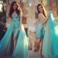 Wholesale Satin Tulle Blue Tight Fitted Blue Short Cocktail Dress Major Beading Prom Gowns With Detachable Train vestidos largos