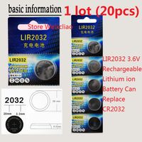Wholesale 20pcs LIR2032 V Lithium li ion rechargeable button cell battery Volt li ion coin batteries CR2032 card