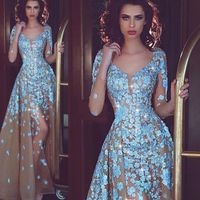 Wholesale Champagne Prom Dresses V Neck Lace Appliques Side Slit Sexy Long Transparent Sleeve with Train Floor Lenght Evening Gowns