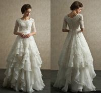 Wholesale Custom Made Vintage Wedding Dresses Half Sleeves Beaded Applique Lace Up Back Wedding Gowns Tiered Organza Bridal Dress China