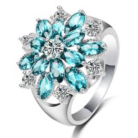 Wholesale Floral Ring Diamond Flower Beautiful Aquamarine Proposal Gift Rings Bridal Wedding Band for Women Size