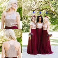 Wholesale 2021 Burgundy Bridesmaid Dresses Rose Gold Sequins Mix and Match Wedding Party Guest Gowns Junior Maid of Honor Dress Cheap Full Length