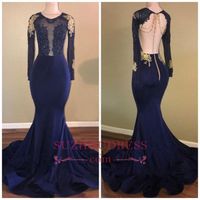 Wholesale Navy Blue Mermaid Prom Dresses Sexy See Through Lace Applique Backless Beads Crystal Gold Applique Formal Long Evening Party Celebrity Gowns