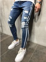Wholesale Side Striped Blue Ripped Denim Long Trousers Pants Distressed Washed Biker Cool Slim Jeans Mens High Street Pants
