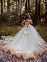 Wholesale New Mint Green Flower Girls Dresses For Weddings Butterfly Lace Appliques Beaded Floor Length Birthday Children Kid Girl Pageant Gowns