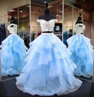 Wholesale Baby Blue Ball Gown Prom Dresses Off Shoulder Appliques Lace Top Tiered Organza Plus Size Prom Dresses Sweet Dress Quinceanera Dress