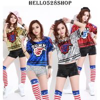 Wholesale Womens Tops Hip Hop Street Dance Flame Ball Basketball Cheerleading Costume Short Sleeves Shirts Party Dress Tee Sequins