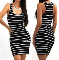 Wholesale Sleeveless Women Black And White Stripe Dresses Crew Neck Female Bodycon Dresses