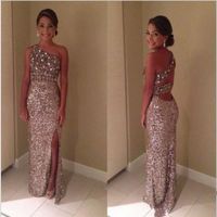 Wholesale Sparking Sequined Side Split Prom Dresses with One Shoulder Rhinestone Sexy Backless Maid of Honor Evening Party Gowns