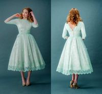 Wholesale 2019 Bridesmaid Dresses Vintage Lace Prom Dresses Bateau Neck Half Sleeves Mint Green Tea Length Spring Plus Size Backless Wedding Party