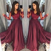 Wholesale Wine Red Lace Burgundy Prom Dresses Long Sleeve V Neck Lace Top Floor Length A Line Evening Dress Formal Party Gown Plus Size