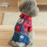 Wholesale Newest Autumn England Style Pet Dog Red Black Plaid Shirt Denim Jeans Heart Strap Pants Puppy Jumpsuits Lovely Outerwears